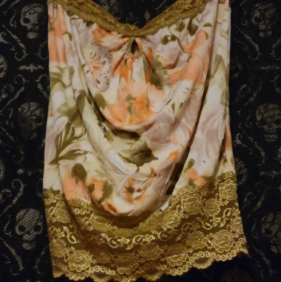 Vtg Y2K Vanity olive grn floral lace strapless keyhole crinkle tube top 1X NWOT - Picture 4 of 16